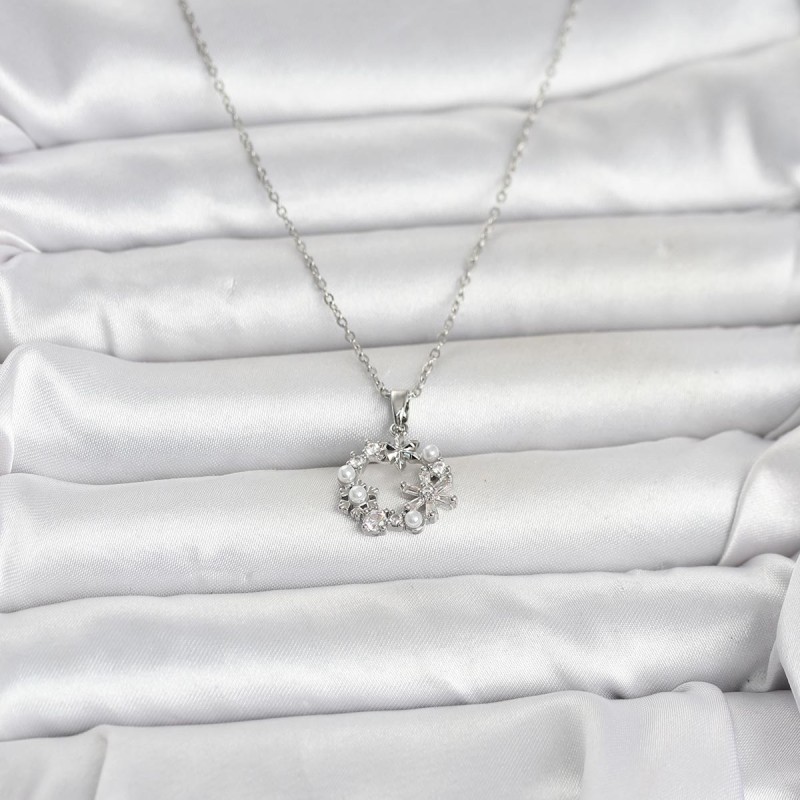 316L Çelik Zincir Gümüş Renk İncili Çiçek Model Kadın Koyle