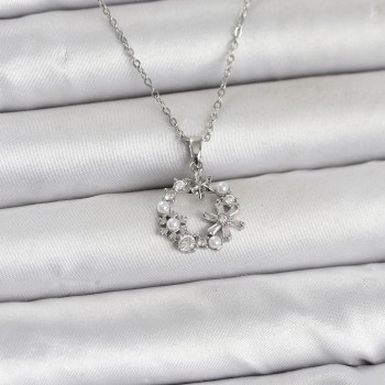 316L Çelik Zincir Gümüş Renk İncili Çiçek Model Kadın Koyle