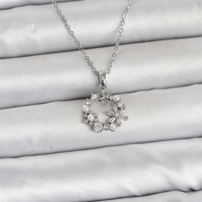 316L Çelik Zincir Gümüş Renk İncili Çiçek Model Kadın Koyle