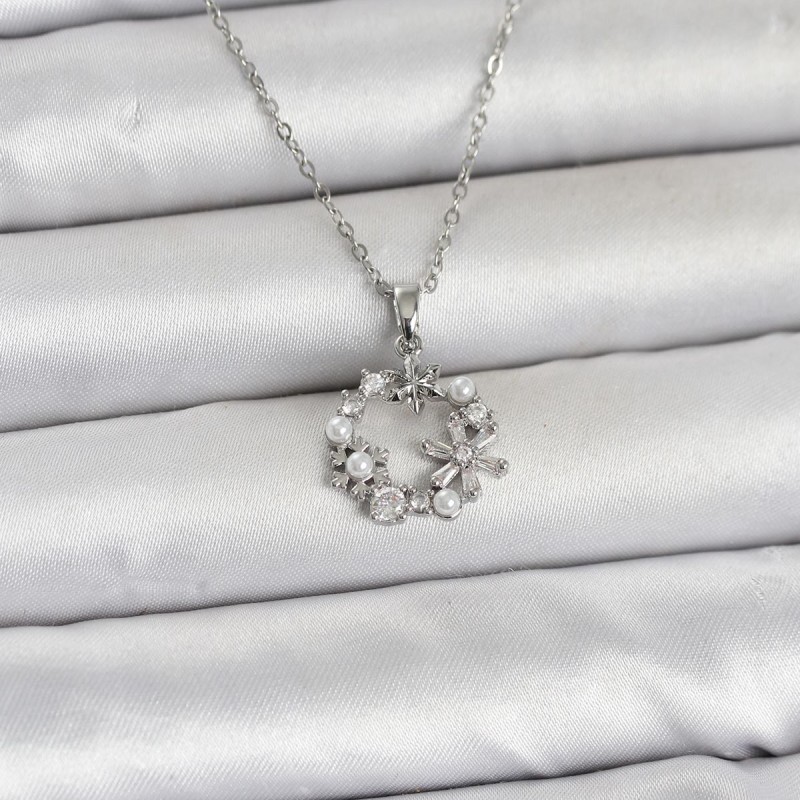 316L Çelik Zincir Gümüş Renk İncili Çiçek Model Kadın Koyle