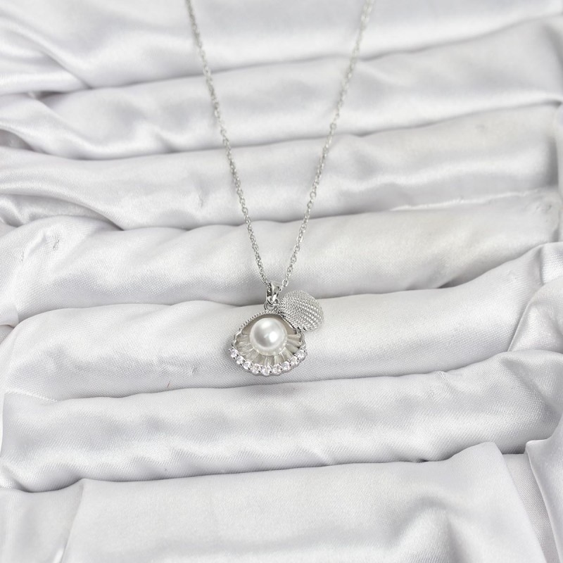 316L Çelik Zincir Gümüş Renk İncili Deniz Kabuğu Model Zirkon Taşlı Kadın Kolye