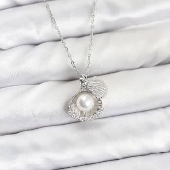 316L Çelik Zincir Gümüş Renk İncili Deniz Kabuğu Model Zirkon Taşlı Kadın Kolye