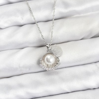 316L Çelik Zincir Gümüş Renk İncili Deniz Kabuğu Model Zirkon Taşlı Kadın Kolye