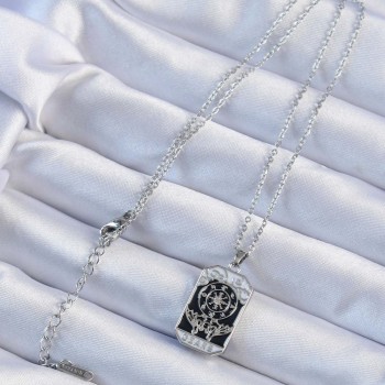 316L Çelik Zincir Gümüş Renk İşlemeli Siyah Mineli Tarot Kolye