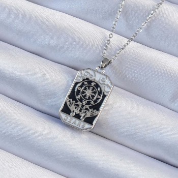 316L Çelik Zincir Gümüş Renk İşlemeli Siyah Mineli Tarot Kolye