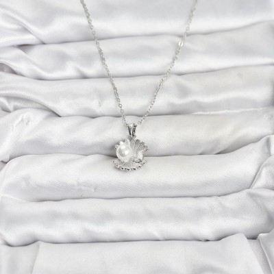 316L Çelik Zincir Gümüş Renk İstiridye İnci Model Zirkon Taşlı Kadın Kolye