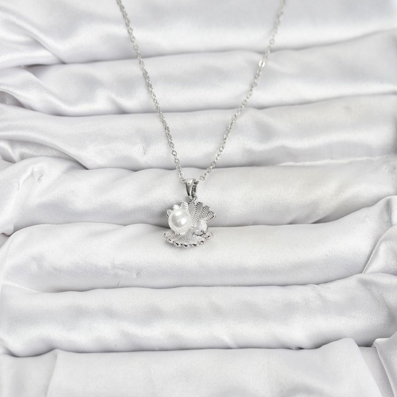 316L Çelik Zincir Gümüş Renk İstiridye İnci Model Zirkon Taşlı Kadın Kolye