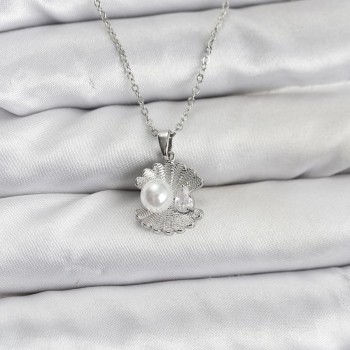 316L Çelik Zincir Gümüş Renk İstiridye İnci Model Zirkon Taşlı Kadın Kolye