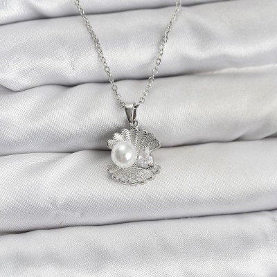 316L Çelik Zincir Gümüş Renk İstiridye İnci Model Zirkon Taşlı Kadın Kolye