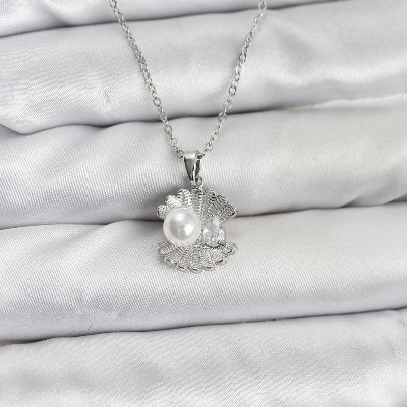 316L Çelik Zincir Gümüş Renk İstiridye İnci Model Zirkon Taşlı Kadın Kolye