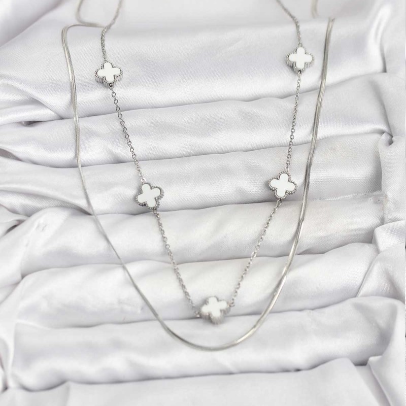 316L Çelik Zincir Gümüş Renk İtalyan Zincirli Yonca Model Kadın Kolye