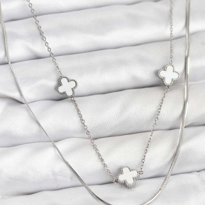 316L Çelik Zincir Gümüş Renk İtalyan Zincirli Yonca Model Kadın Kolye