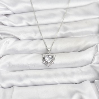 316L Çelik Zincir Gümüş Renk Kalp Model Zirkon Taşlı Kadın Kolye