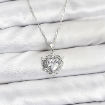 316L Çelik Zincir Gümüş Renk Kalp Model Zirkon Taşlı Kadın Kolye