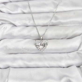 316L Çelik Zincir Gümüş Renk Kalp ve Fiyonk Model Zirkon Taşlı Kadın Kolye