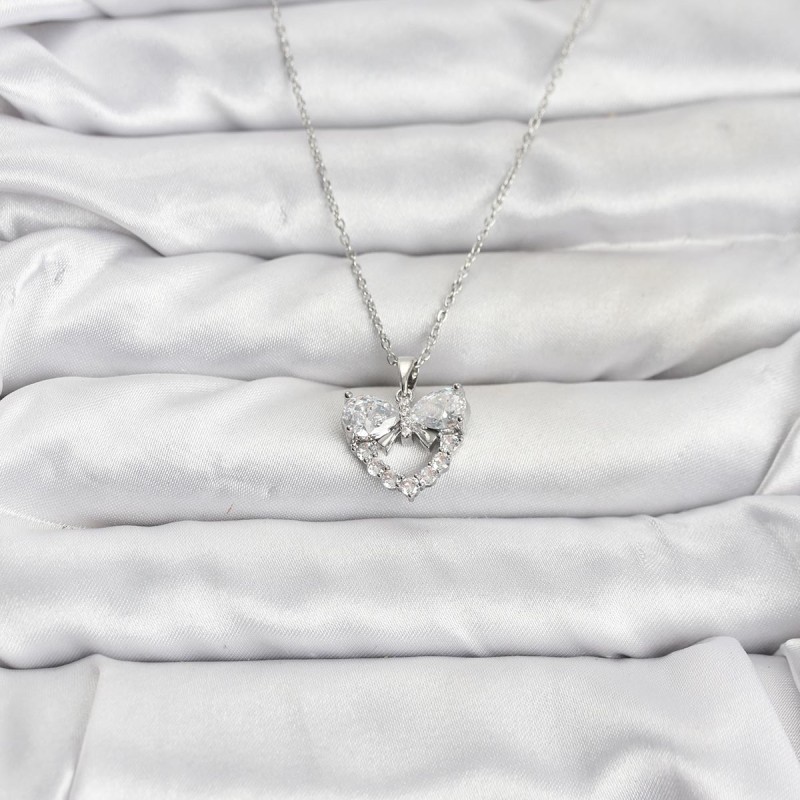 316L Çelik Zincir Gümüş Renk Kalp ve Fiyonk Model Zirkon Taşlı Kadın Kolye