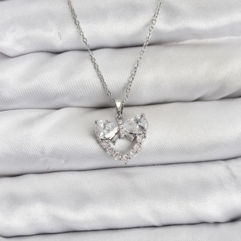 316L Çelik Zincir Gümüş Renk Kalp ve Fiyonk Model Zirkon Taşlı Kadın Kolye