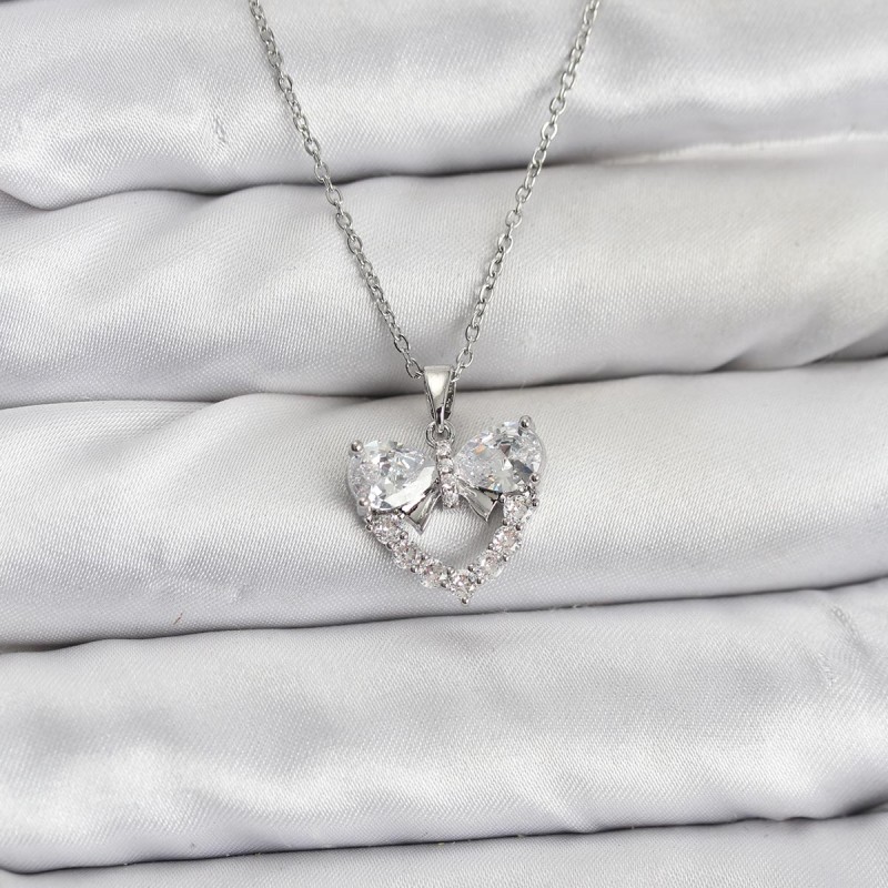 316L Çelik Zincir Gümüş Renk Kalp ve Fiyonk Model Zirkon Taşlı Kadın Kolye