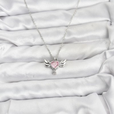 316L Çelik Zincir Gümüş Renk Kanatlı Kalp Model Zirkon Taşlı Kadın Kolye
