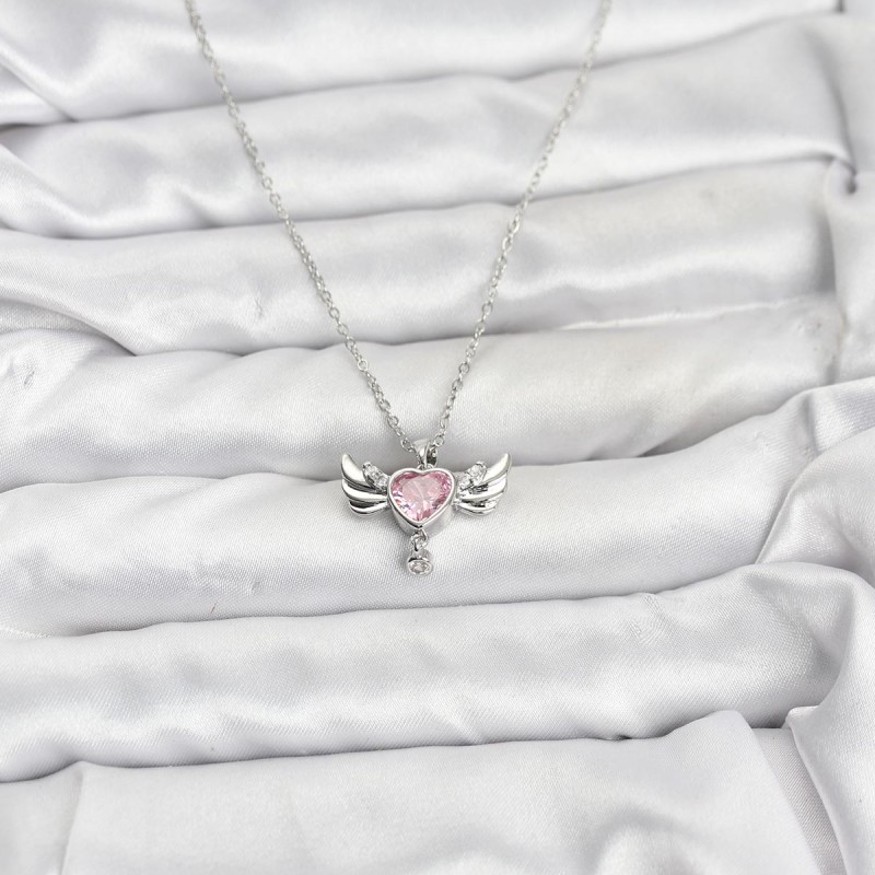 316L Çelik Zincir Gümüş Renk Kanatlı Kalp Model Zirkon Taşlı Kadın Kolye