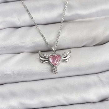 316L Çelik Zincir Gümüş Renk Kanatlı Kalp Model Zirkon Taşlı Kadın Kolye