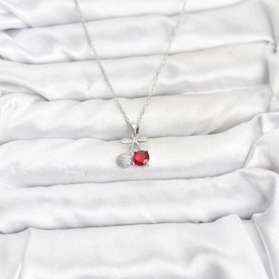 316L Çelik Zincir Gümüş Renk Kiraz Model Zirkon Taşlı Kadın Kolye