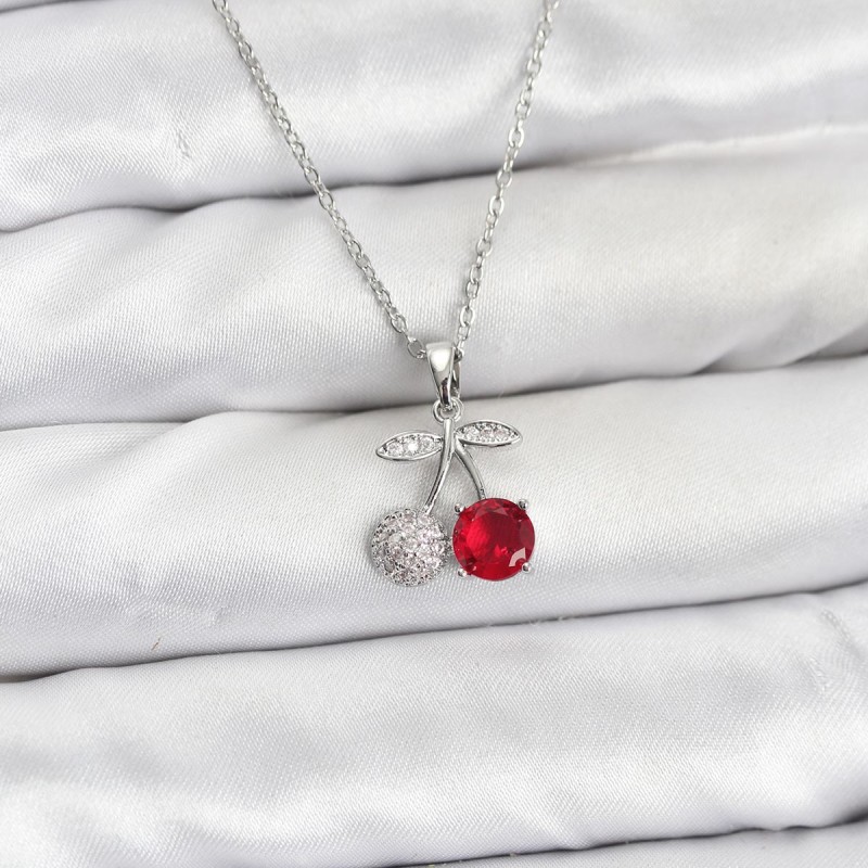 316L Çelik Zincir Gümüş Renk Kiraz Model Zirkon Taşlı Kadın Kolye