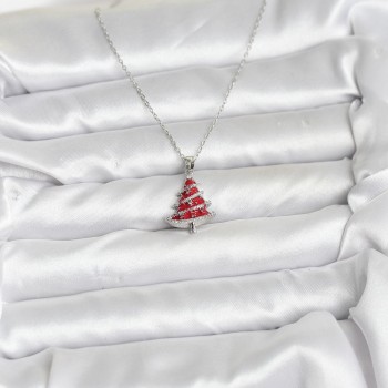 316L Çelik Zincir Gümüş Renk Kırmızı Çam Ağacı Model Yılbaşı Temalı Kadın Kolye