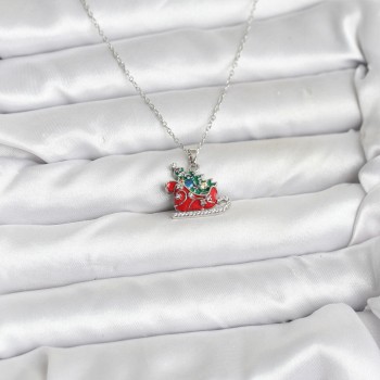 316L Çelik Zincir Gümüş Renk Kızak ve Çam Ağacı Figürlü Yılbaşı Temalı Kadın Kolye