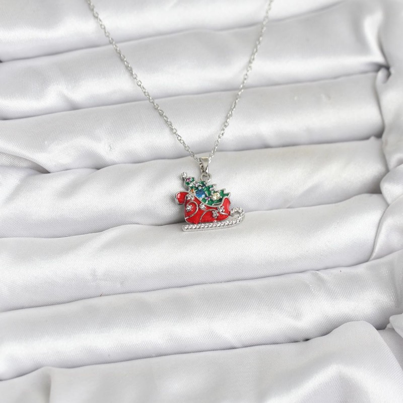 316L Çelik Zincir Gümüş Renk Kızak ve Çam Ağacı Figürlü Yılbaşı Temalı Kadın Kolye