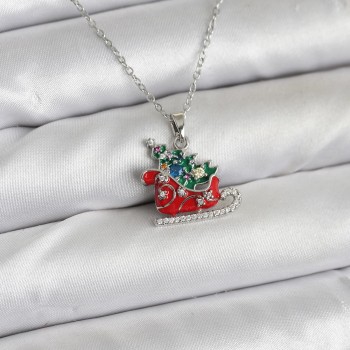 316L Çelik Zincir Gümüş Renk Kızak ve Çam Ağacı Figürlü Yılbaşı Temalı Kadın Kolye