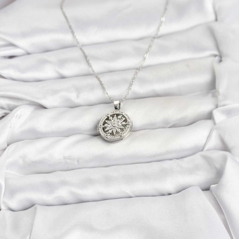 316L Çelik Zincir Gümüş Renk Kutup Yıldızı Kapaklı Model Kadın Kolye