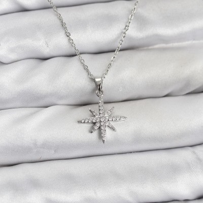 316L Çelik Zincir Gümüş Renk Kutup Yıldızı Model Zirkon Taşlı Kadın Kolye