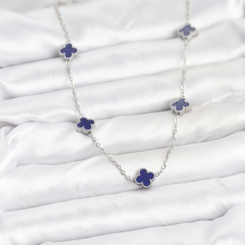 316L Çelik Zincir Gümüş Renk Lacivert Baby Boy Yonca Kadın Kolye