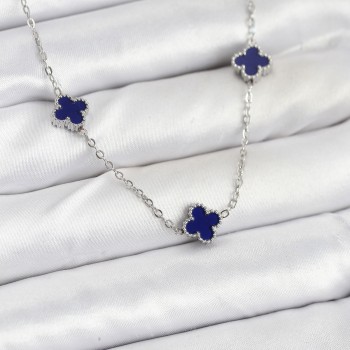 316L Çelik Zincir Gümüş Renk Lacivert Baby Boy Yonca Kadın Kolye