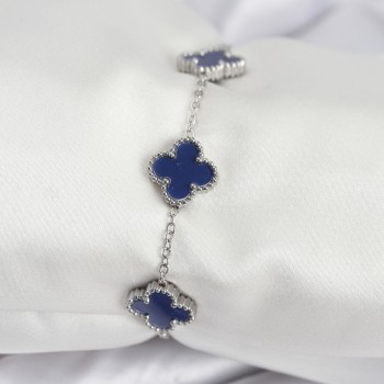 316L Çelik Zincir Gümüş Renk Lacivert Yonca Kadın Bileklik