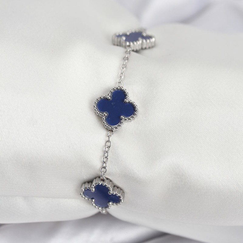 316L Çelik Zincir Gümüş Renk Lacivert Yonca Kadın Bileklik