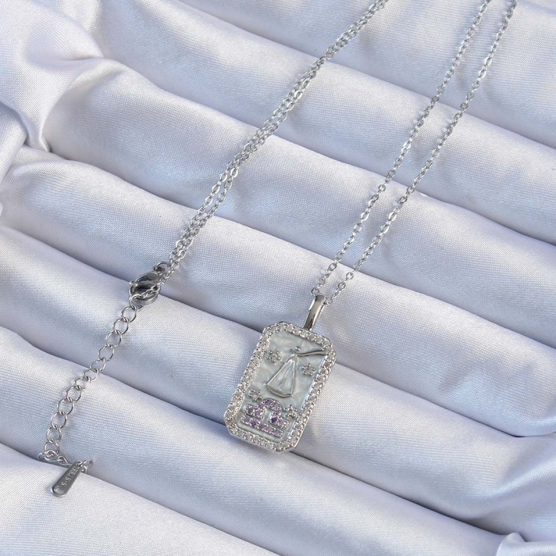 316L Çelik Zincir Gümüş Renk Lila Zirkon Taşlı Tarot Kolye