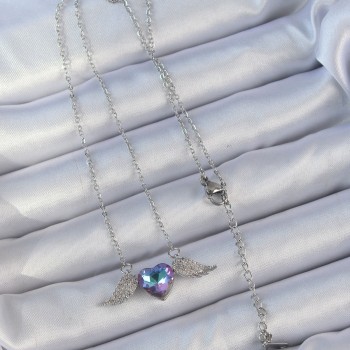 316L Çelik Zincir Gümüş Renk Mavi Mor Zirkon Taşlı Kanatlı Kalp Kolye