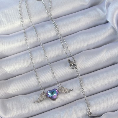 316L Çelik Zincir Gümüş Renk Mavi Mor Zirkon Taşlı Kanatlı Kalp Kolye