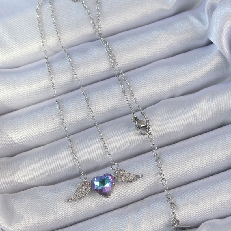 316L Çelik Zincir Gümüş Renk Mavi Mor Zirkon Taşlı Kanatlı Kalp Kolye