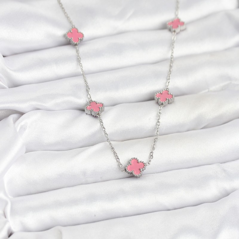 316L Çelik Zincir Gümüş Renk Pembe Baby Boy Yonca Kadın Kolye