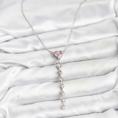 316L Çelik Zincir Gümüş Renk Pembe Kalp Kadın Kolye