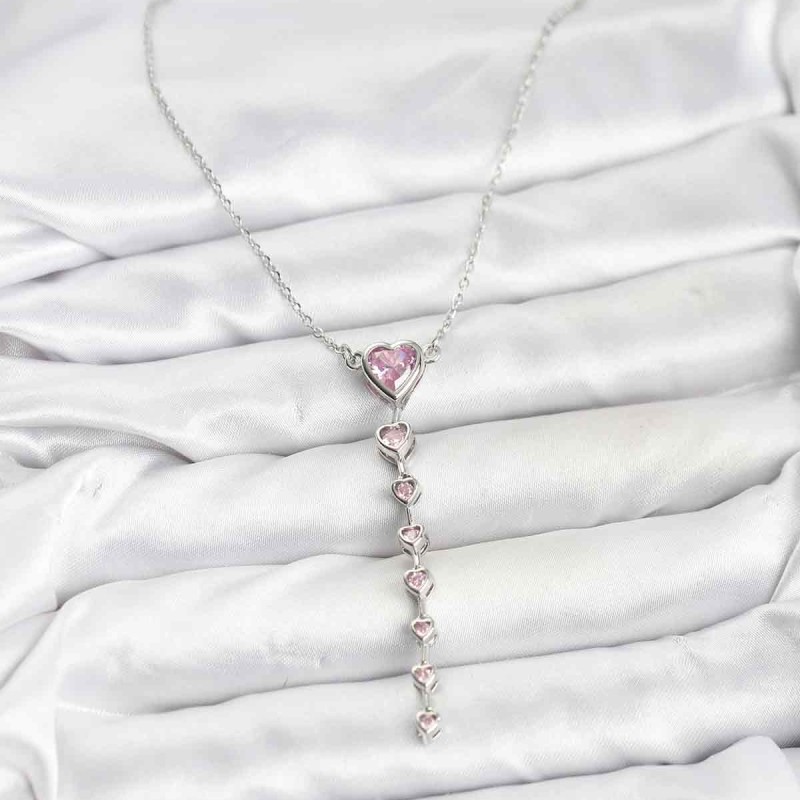 316L Çelik Zincir Gümüş Renk Pembe Kalp Kadın Kolye