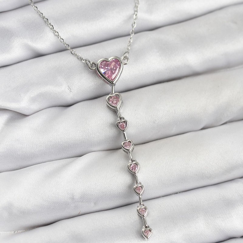 316L Çelik Zincir Gümüş Renk Pembe Kalp Kadın Kolye