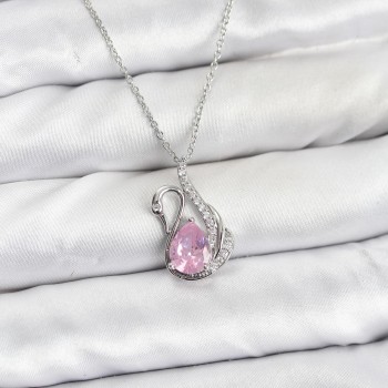316L Çelik Zincir Gümüş Renk Pembe Kuğu Model Zirkon Taşlı Kadın Kolye