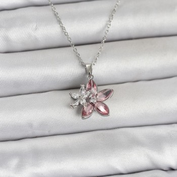 316L Çelik Zincir Gümüş Renk Pembe Lotus Model Kadın Kolye