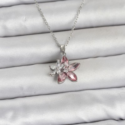 316L Çelik Zincir Gümüş Renk Pembe Lotus Model Kadın Kolye