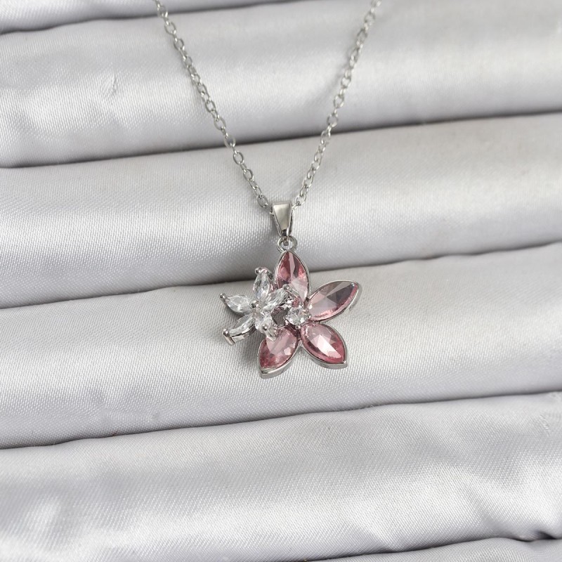 316L Çelik Zincir Gümüş Renk Pembe Lotus Model Kadın Kolye
