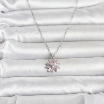 316L Çelik Zincir Gümüş Renk Pembe Papatya Model Kadın Kolye